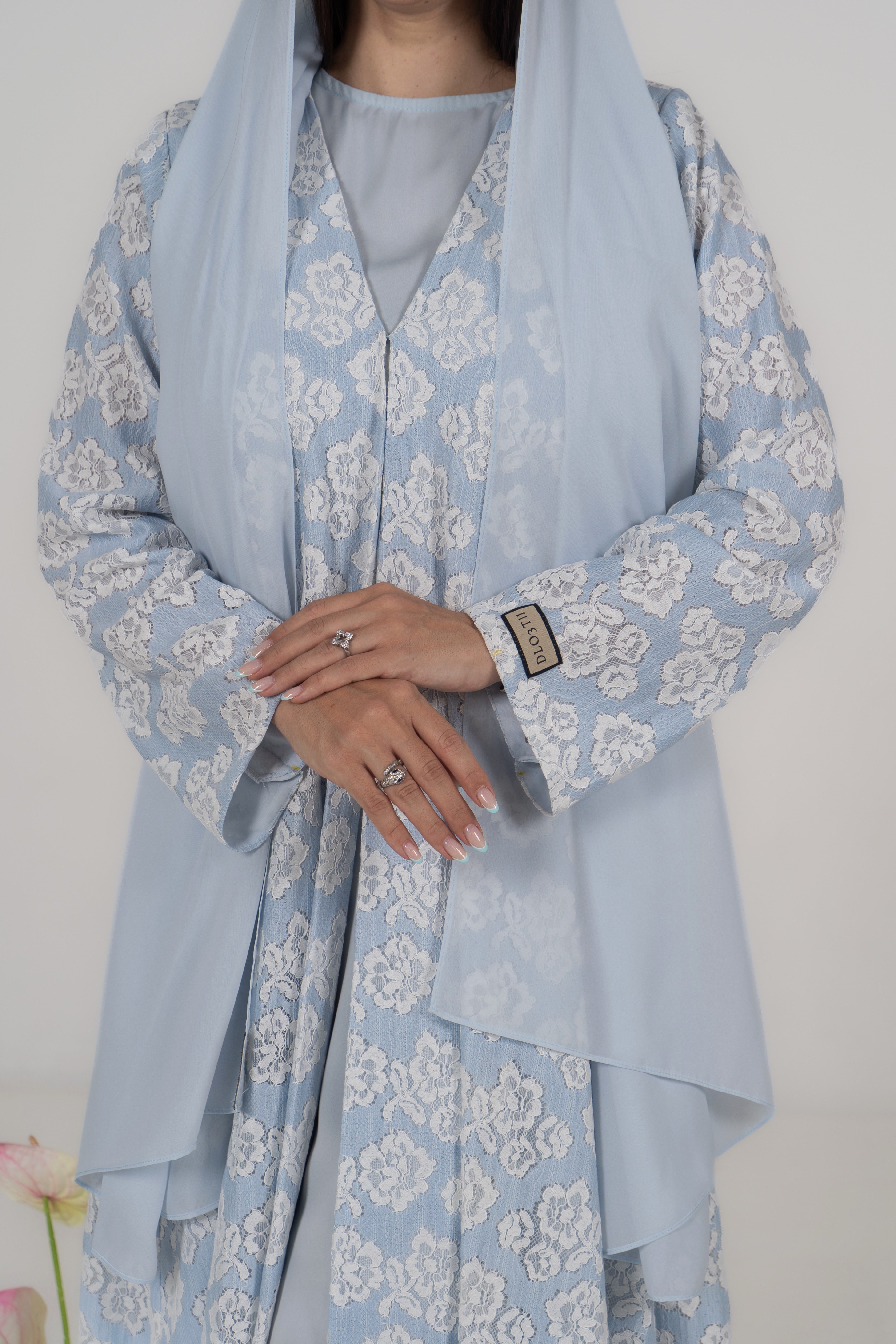 Baby Blue Floral Jacquard Abaya with Attached Hijab