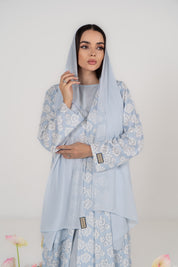 Baby Blue Floral Jacquard Abaya with Attached Hijab