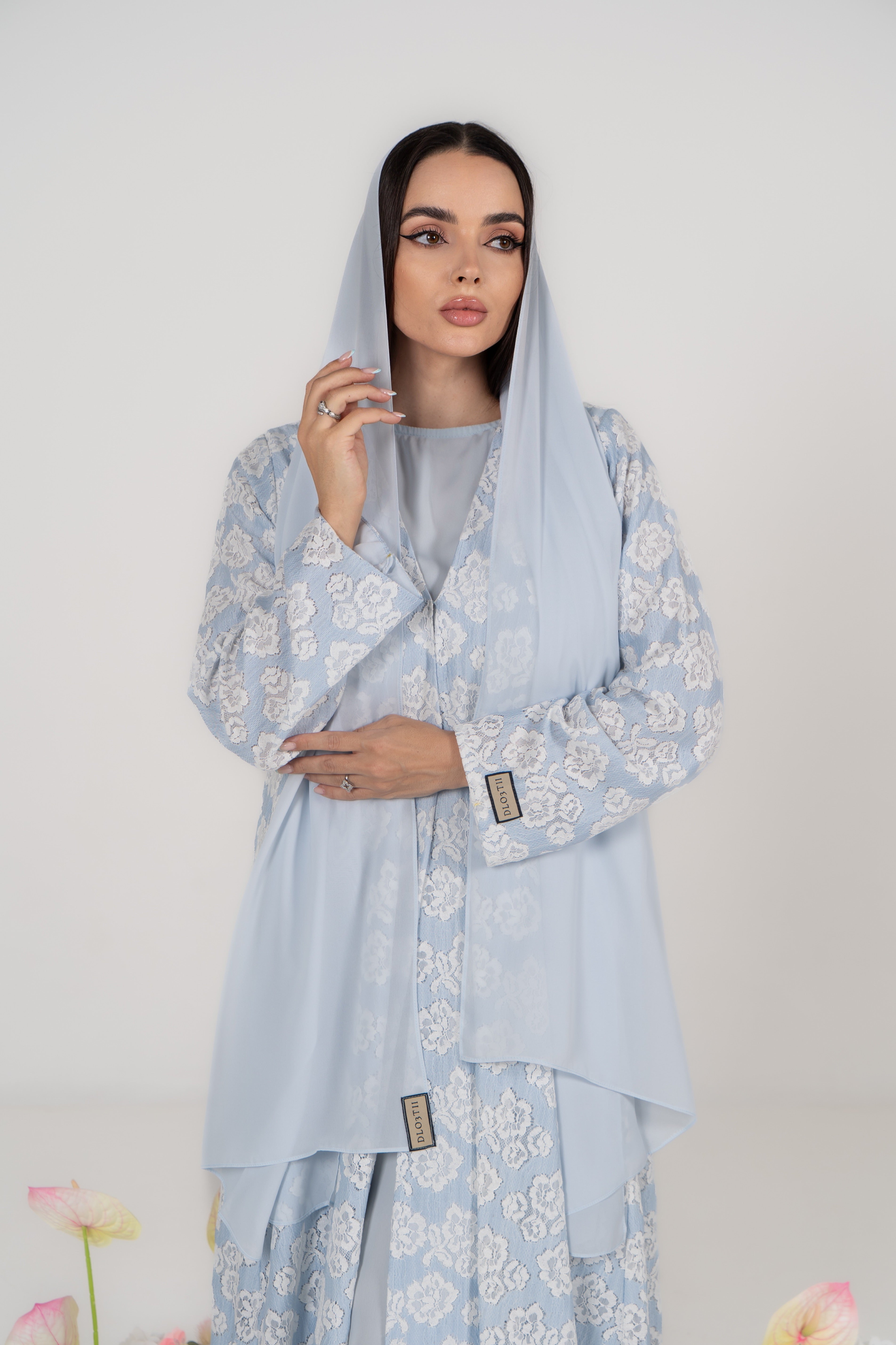 Baby Blue Floral Jacquard Abaya with Attached Hijab