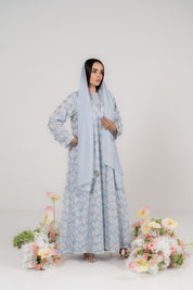 Baby Blue Floral Jacquard Abaya with Attached Hijab