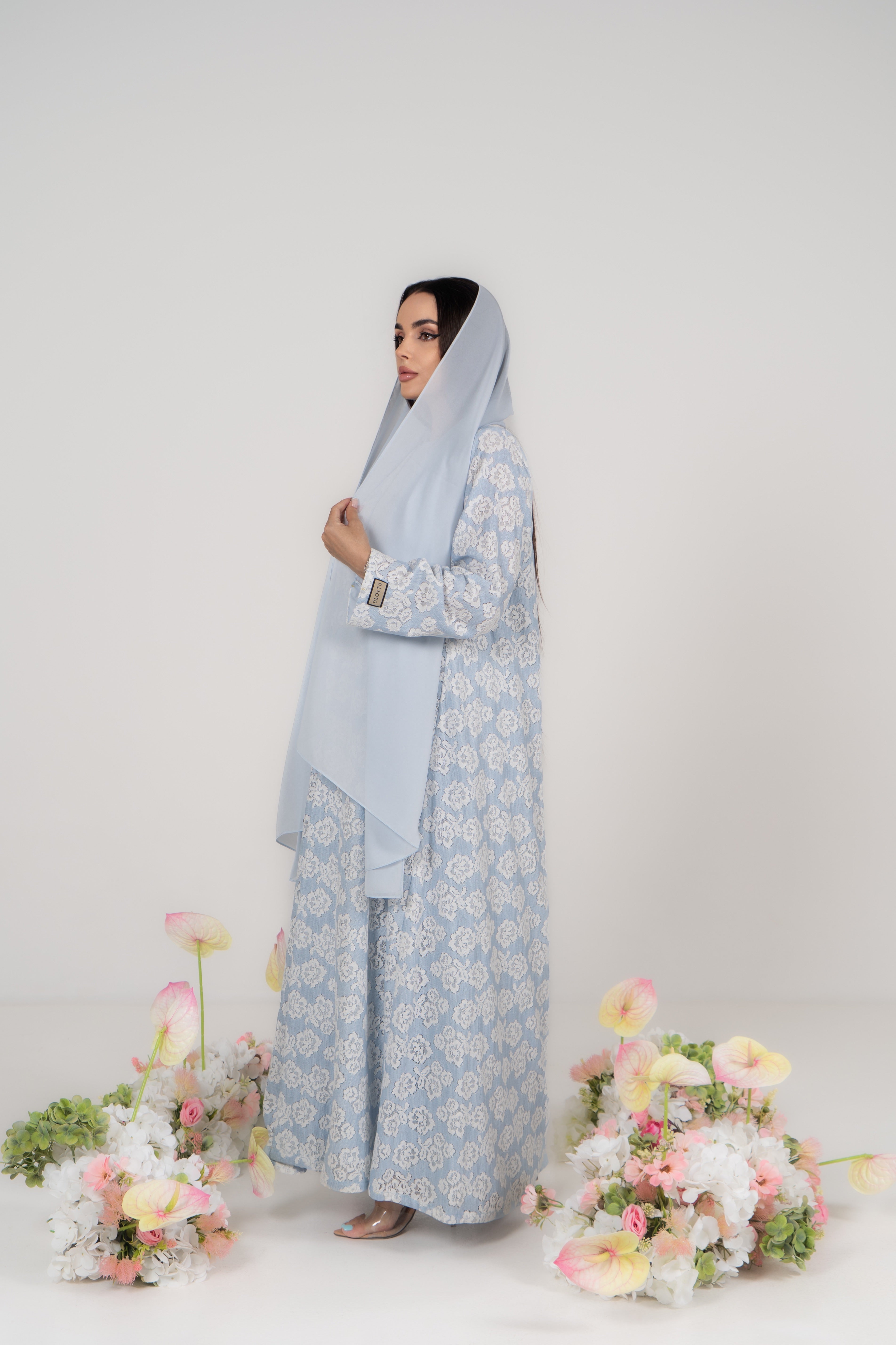 Baby Blue Floral Jacquard Abaya with Attached Hijab