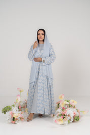 Baby Blue Floral Jacquard Abaya with Attached Hijab