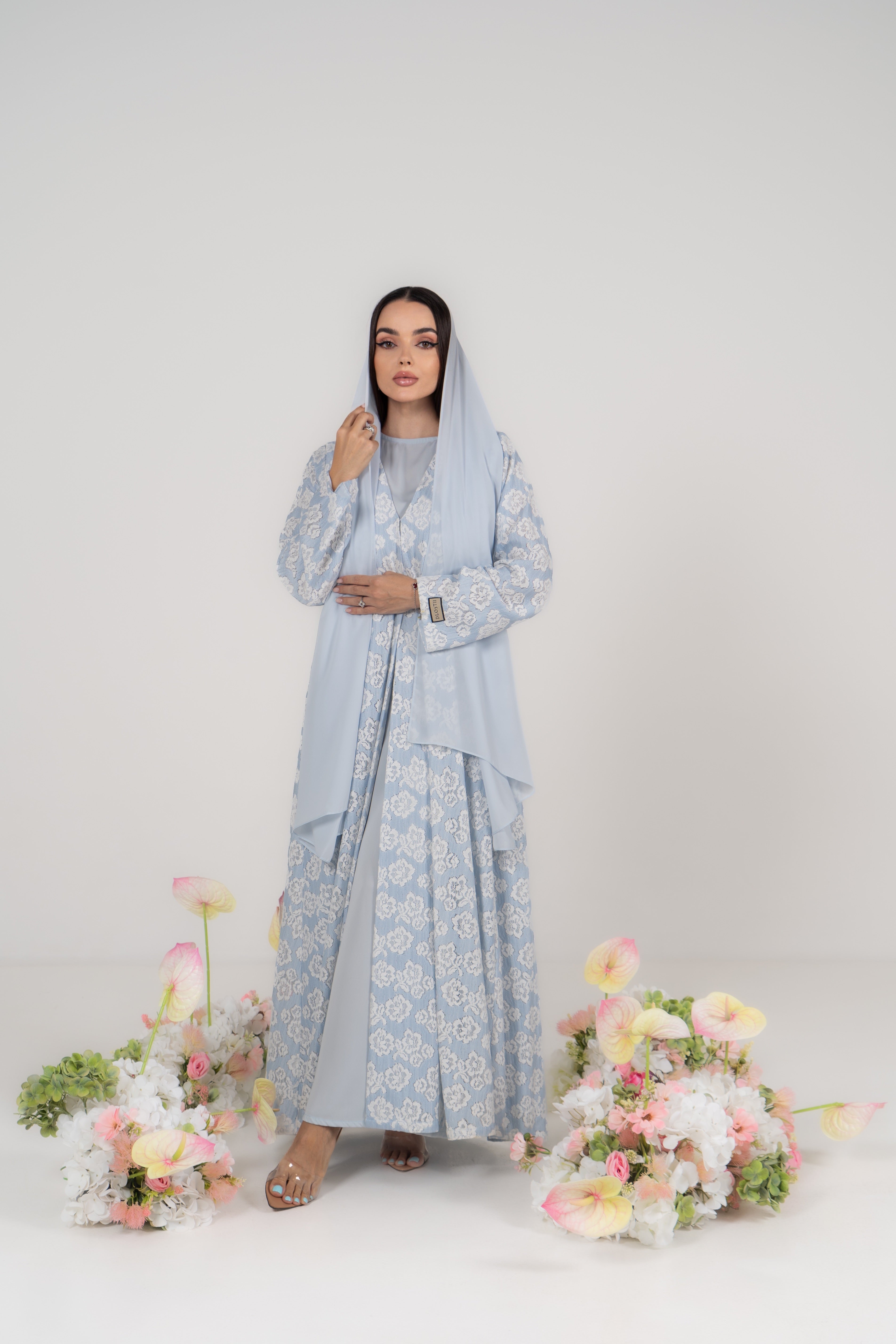 Baby Blue Floral Jacquard Abaya with Attached Hijab