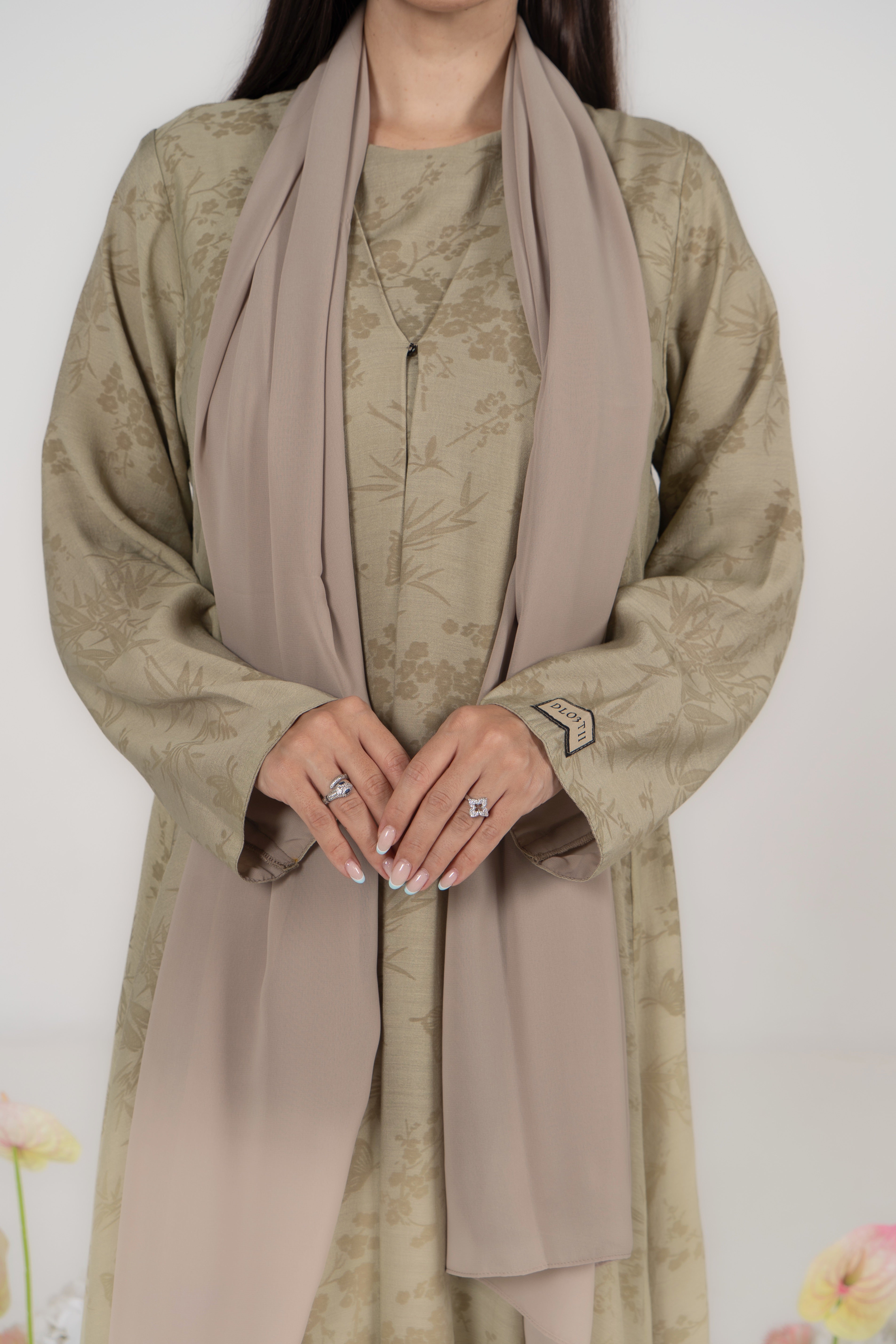 Sage Green Jacquard Abaya with Attached Hijab