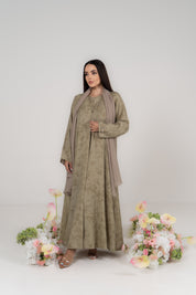 Sage Green Jacquard Abaya with Attached Hijab