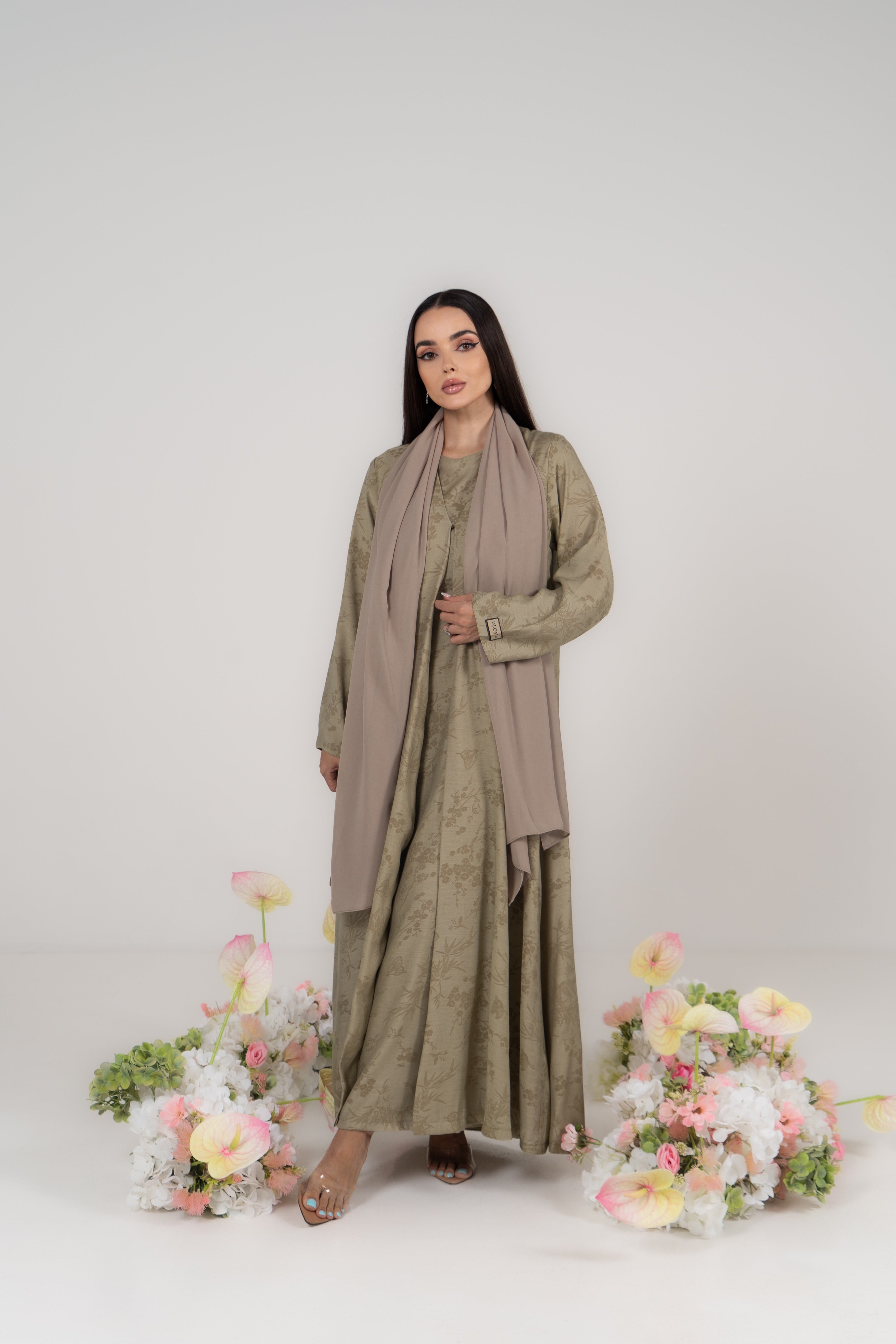 Sage Green Jacquard Abaya with Attached Hijab
