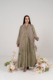 Sage Green Jacquard Abaya with Attached Hijab