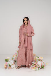 Dusty Rose Floral Jacquard Abaya with Attached Hijab