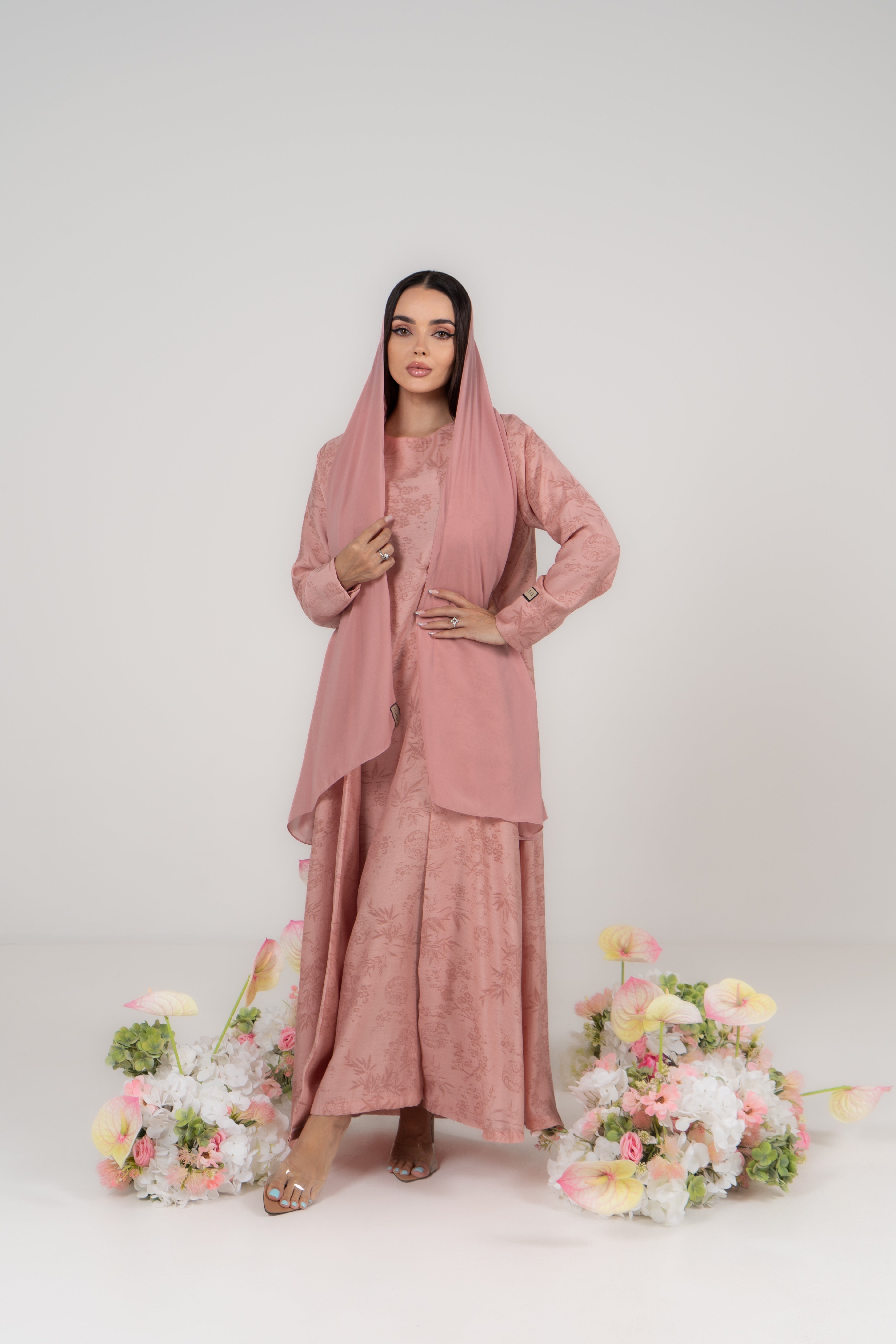 Dusty Rose Floral Jacquard Abaya with Attached Hijab