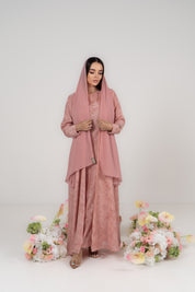 Dusty Rose Floral Jacquard Abaya with Attached Hijab