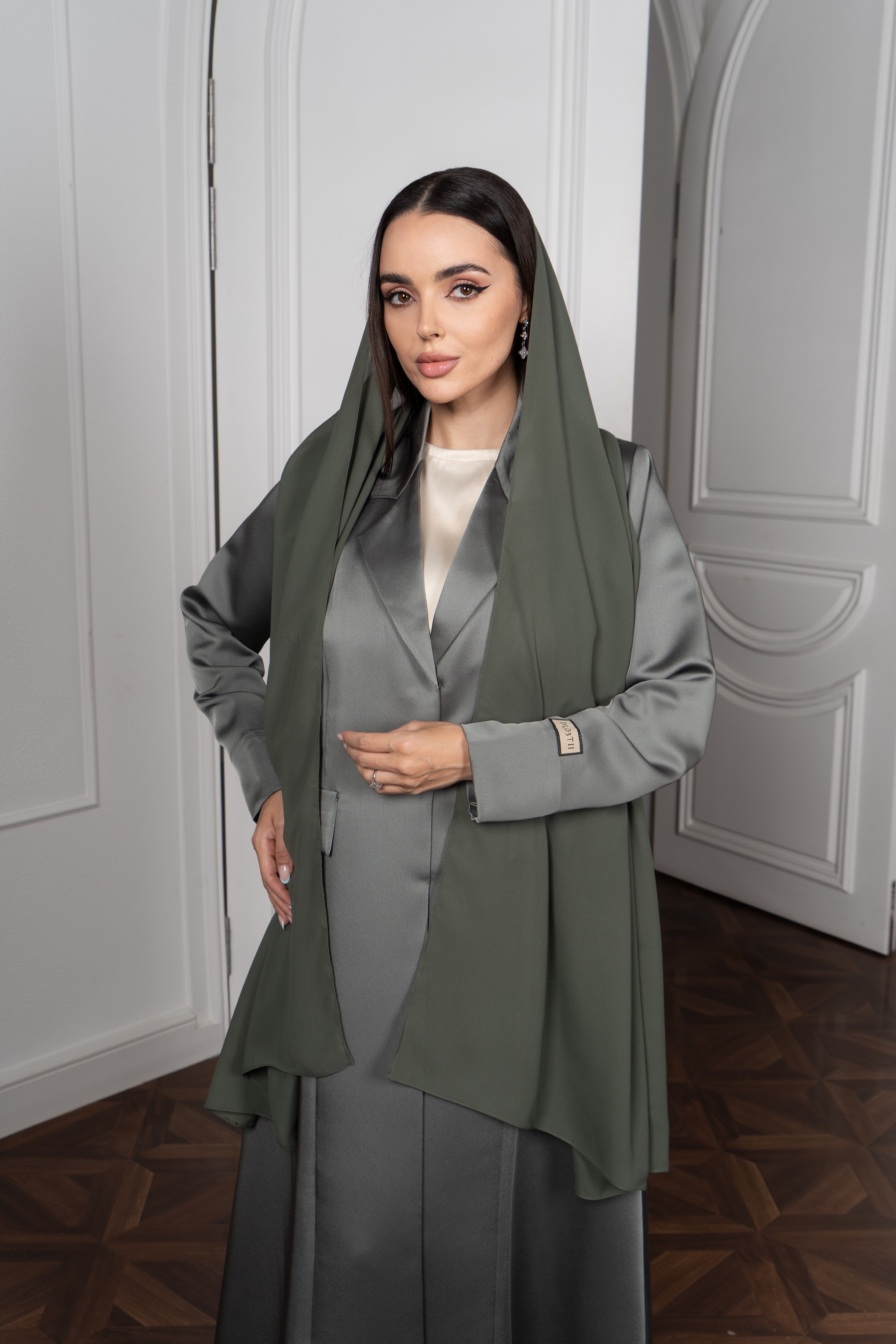 Sage Satin Abaya with Attached Hijab