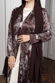 Chocolate Foil Satin Abaya with Wrap Scarf