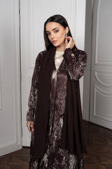 Chocolate Foil Satin Abaya with Wrap Scarf