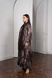Chocolate Foil Satin Abaya with Wrap Scarf