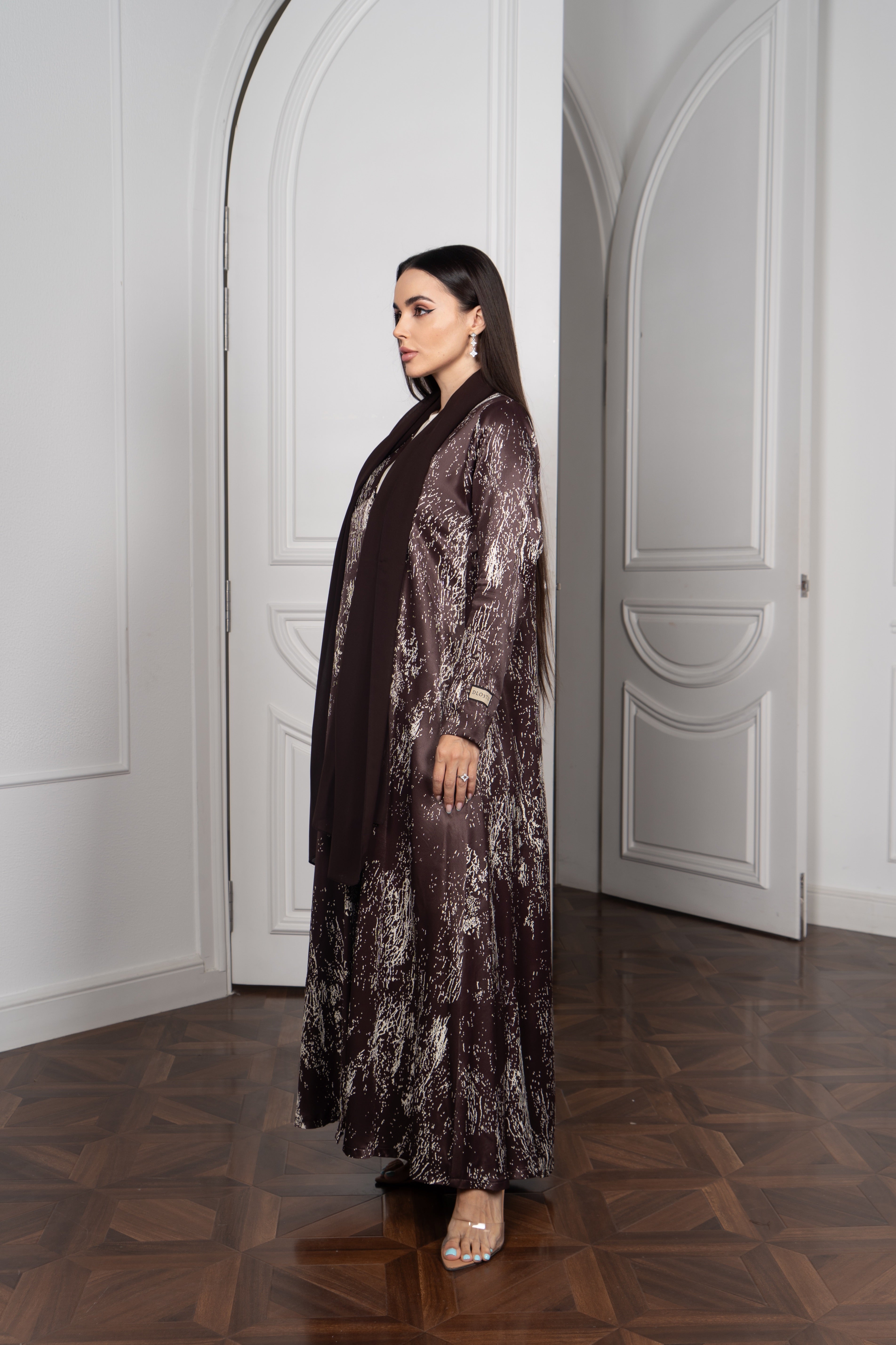 Chocolate Foil Satin Abaya with Wrap Scarf