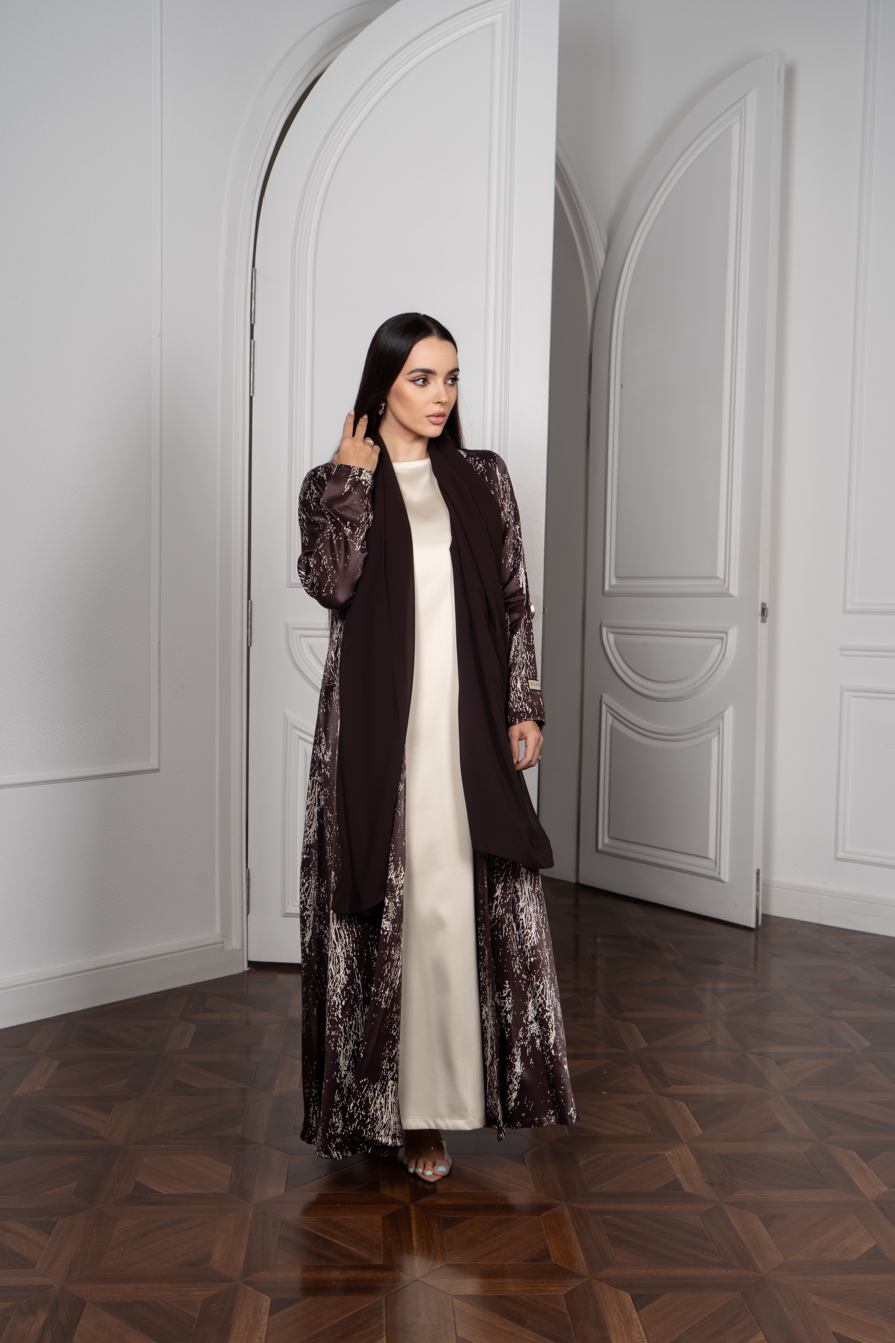 Chocolate Foil Satin Abaya with Wrap Scarf