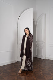 Chocolate Foil Satin Abaya with Wrap Scarf