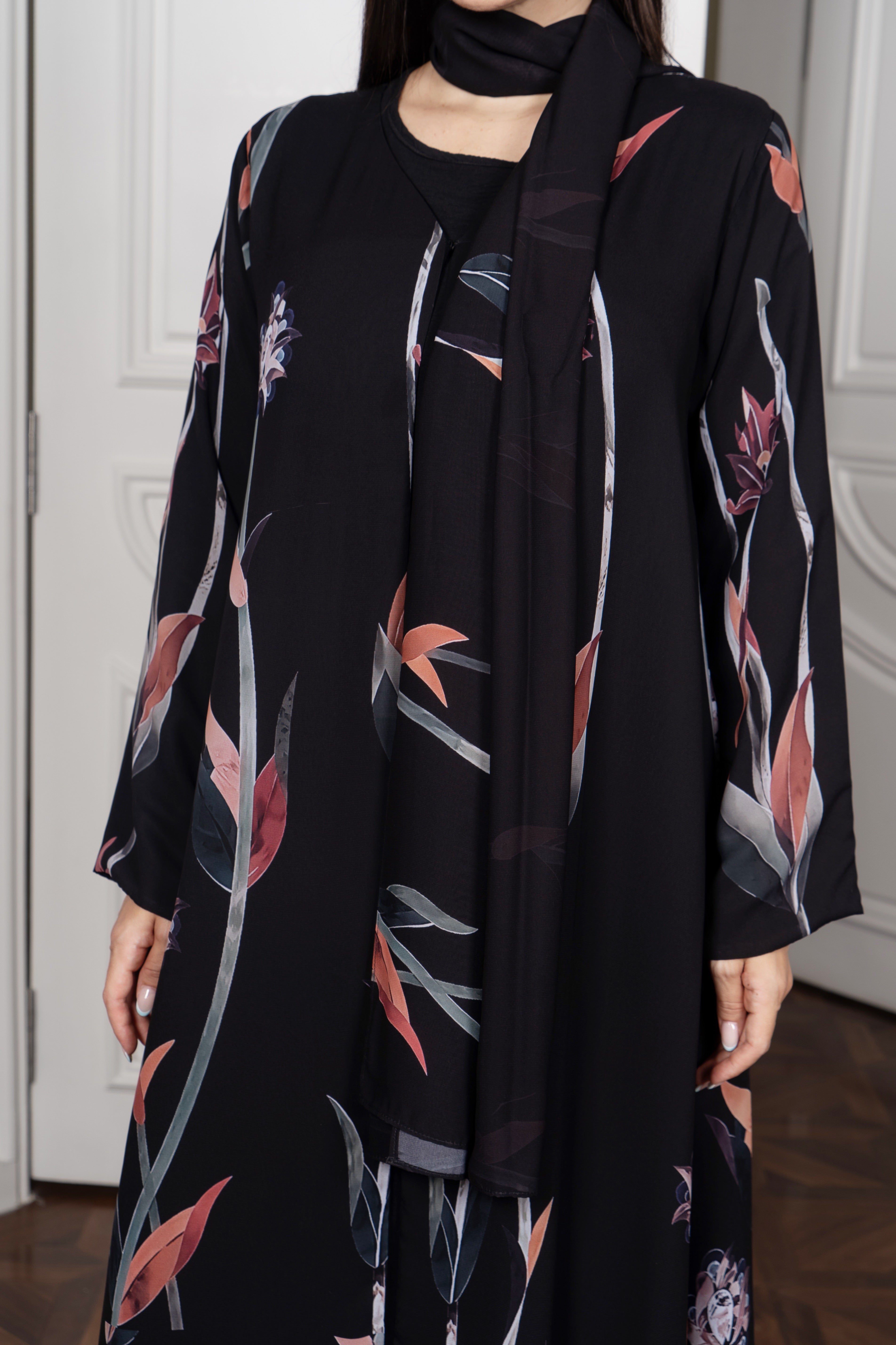 Black Satin Abaya — Draped Turtleneck
