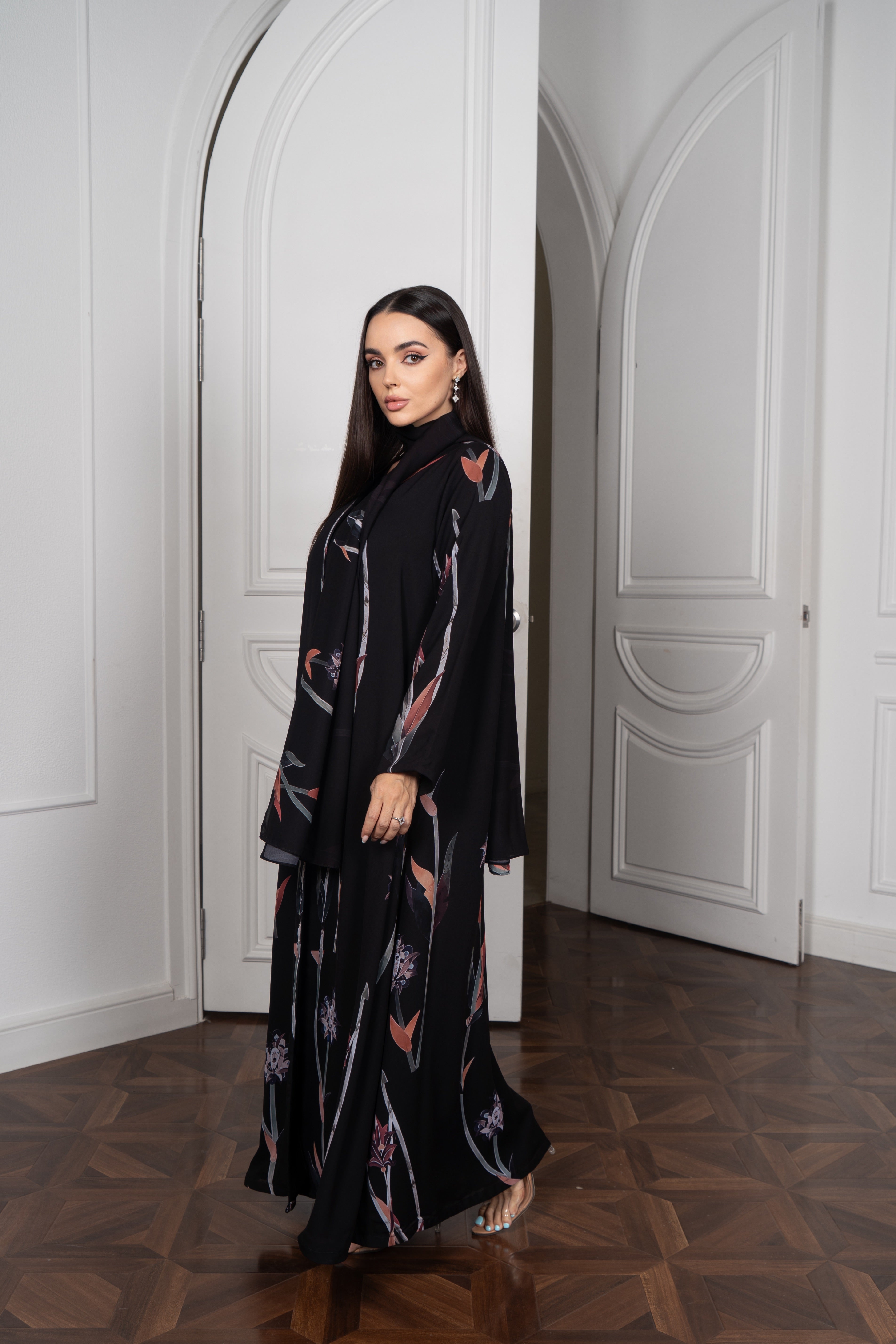 Black Satin Abaya — Draped Turtleneck