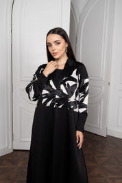 Black Satin Abaya with Abstract Print Top
