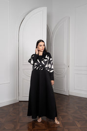 Black Satin Abaya with Abstract Print Top