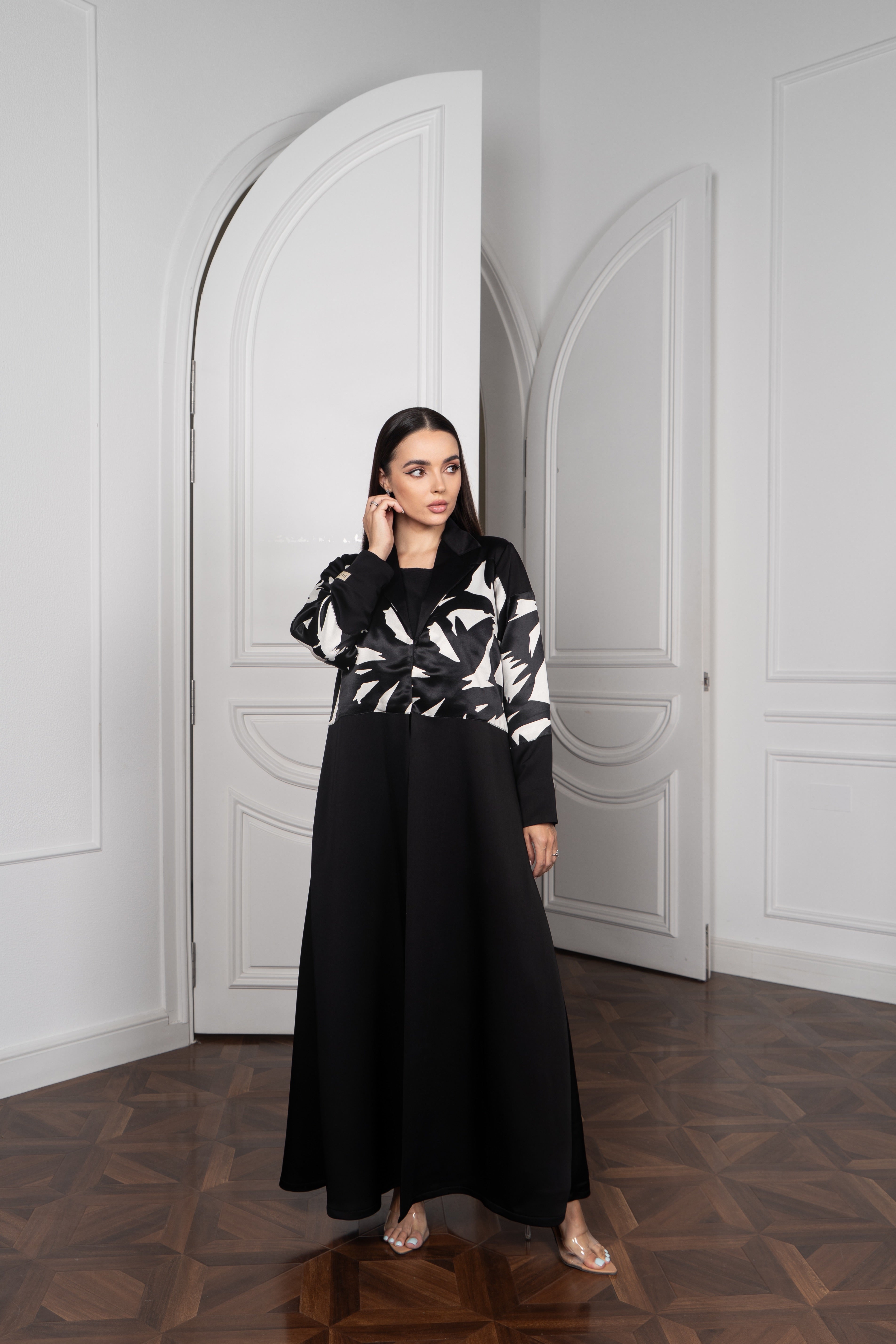 Black Satin Abaya with Abstract Print Top