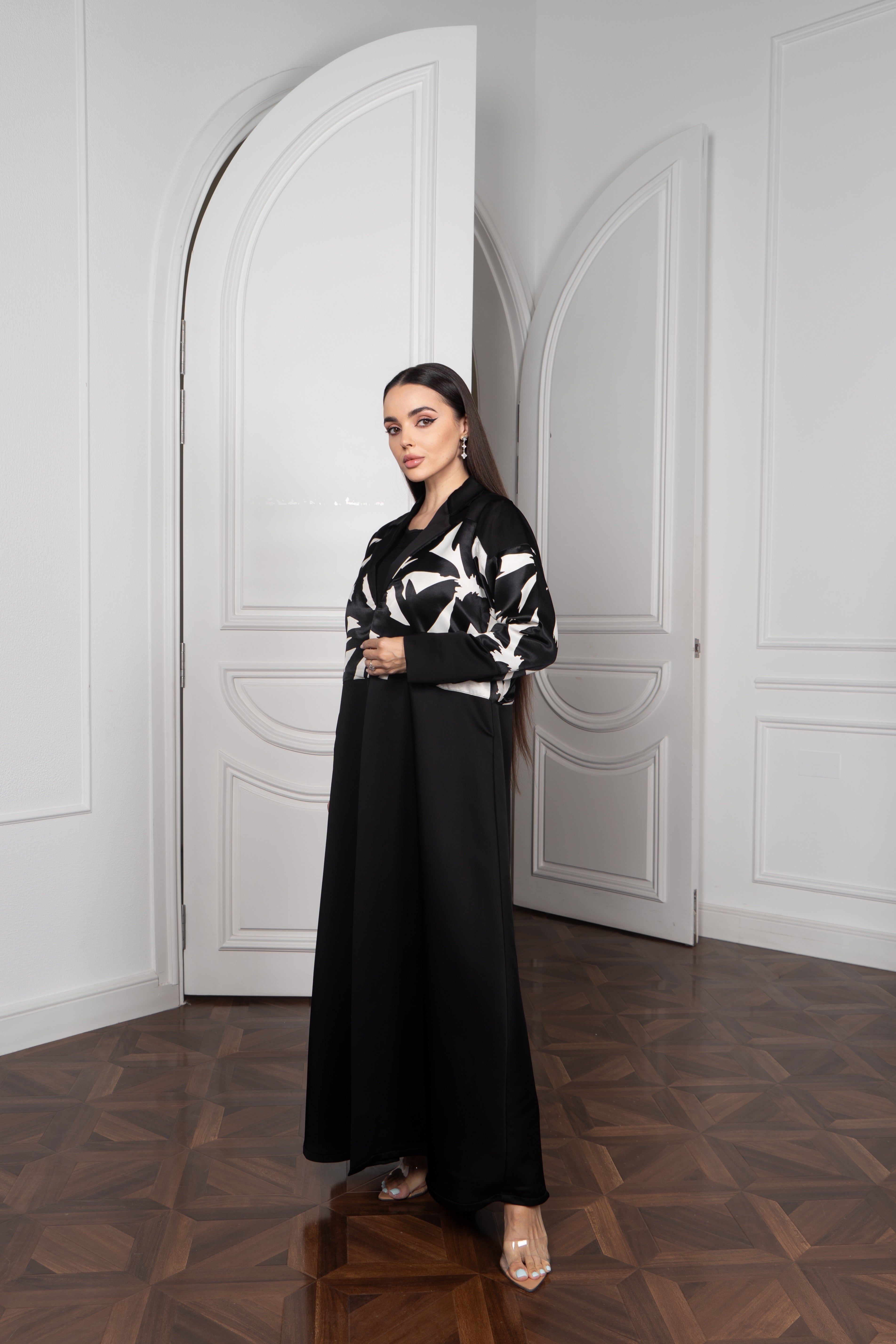 Black Satin Abaya with Abstract Print Top