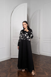 Black Satin Abaya with Abstract Print Top