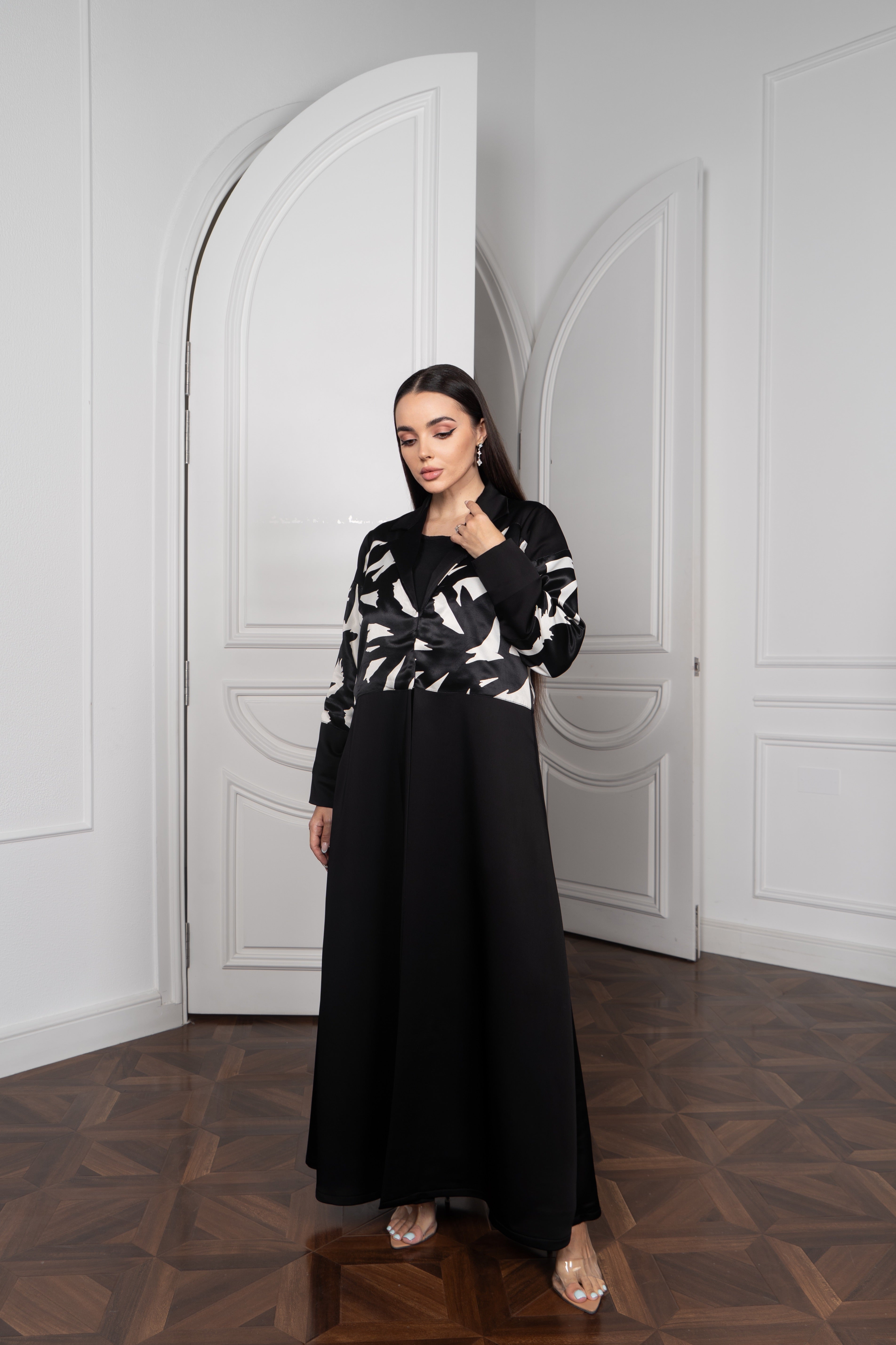 Black Satin Abaya with Abstract Print Top