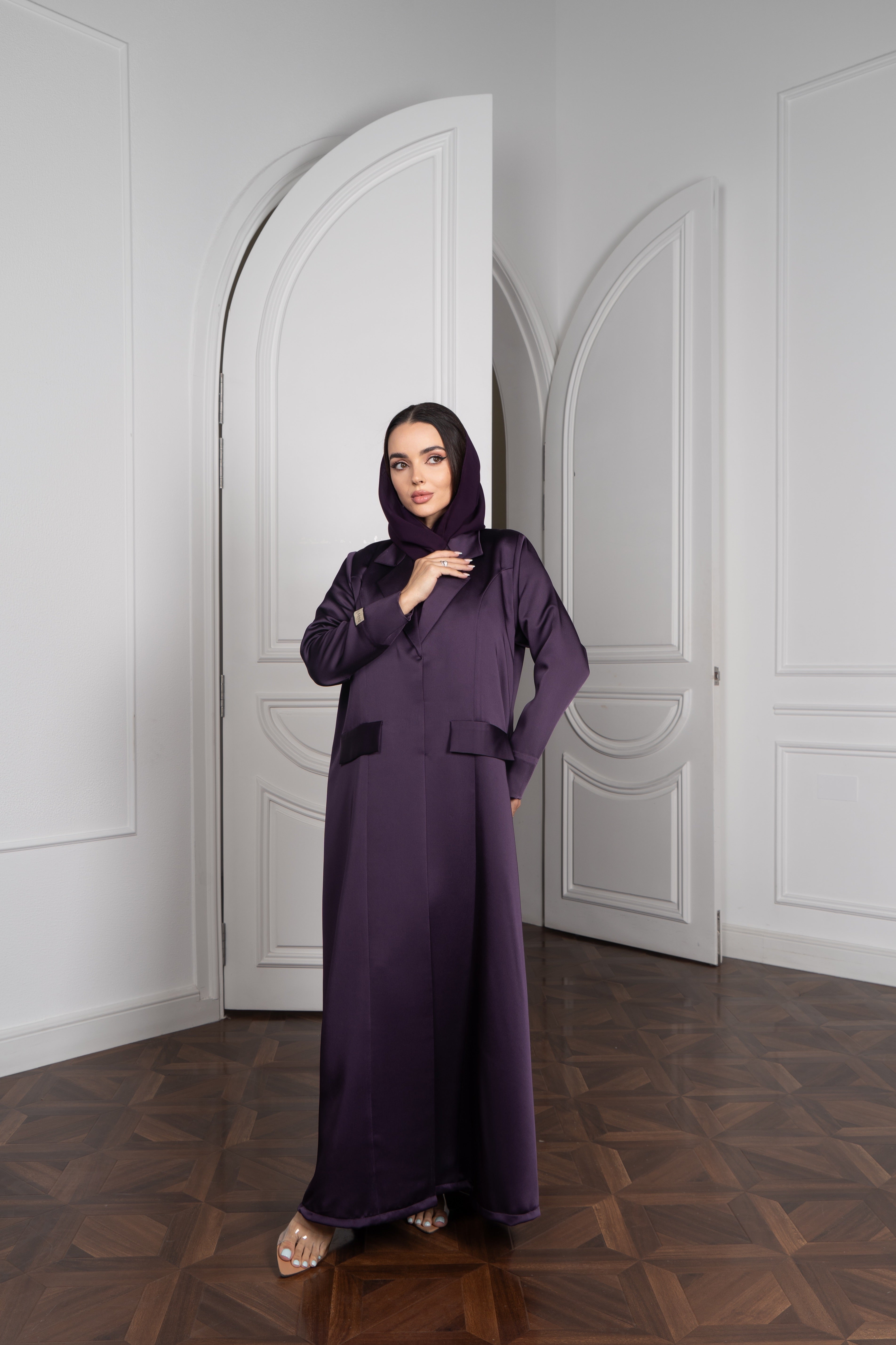 Satin Blazer Abaya - Deep Purple Structured Design