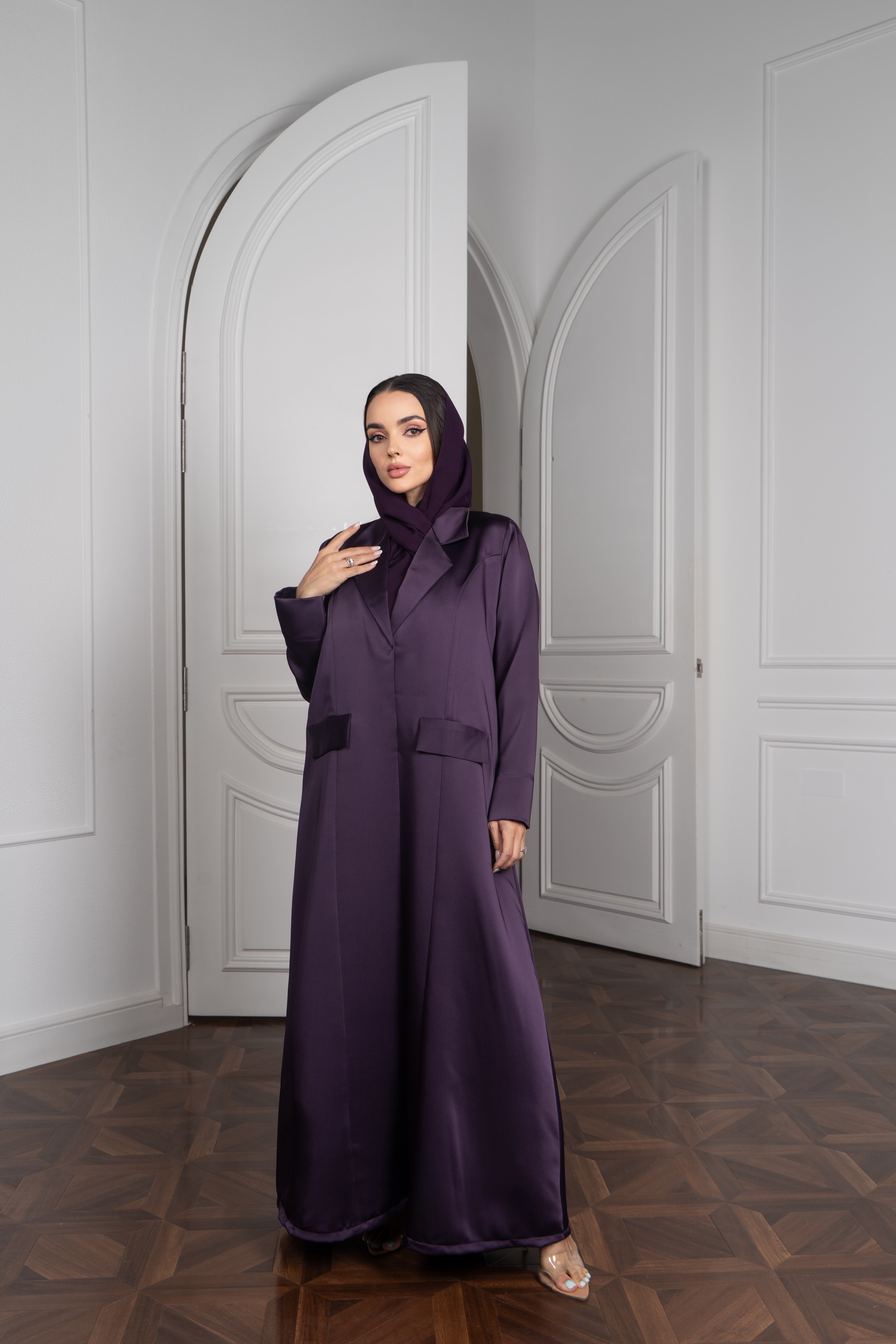 Satin Blazer Abaya - Deep Purple Structured Design