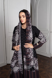 Lace Print Chiffon Abaya - Pearl Embellished Open Front