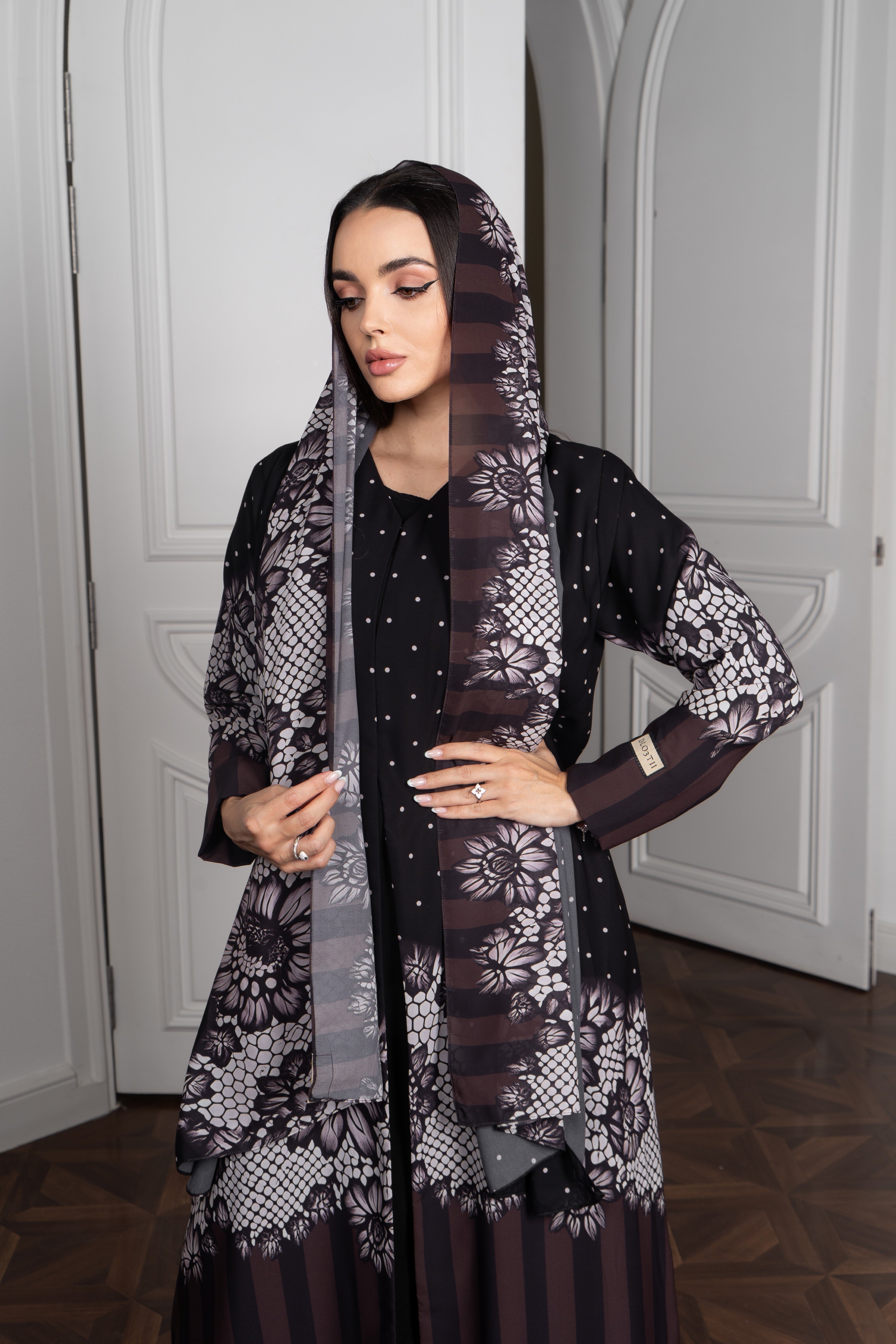 Lace Print Chiffon Abaya - Pearl Embellished Open Front