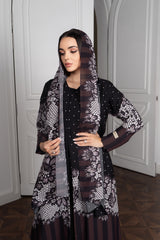Lace Print Chiffon Abaya - Pearl Embellished Open Front