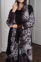 Lace Print Chiffon Abaya - Pearl Embellished Open Front