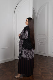 Lace Print Chiffon Abaya - Pearl Embellished Open Front