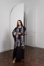 Lace Print Chiffon Abaya - Pearl Embellished Open Front