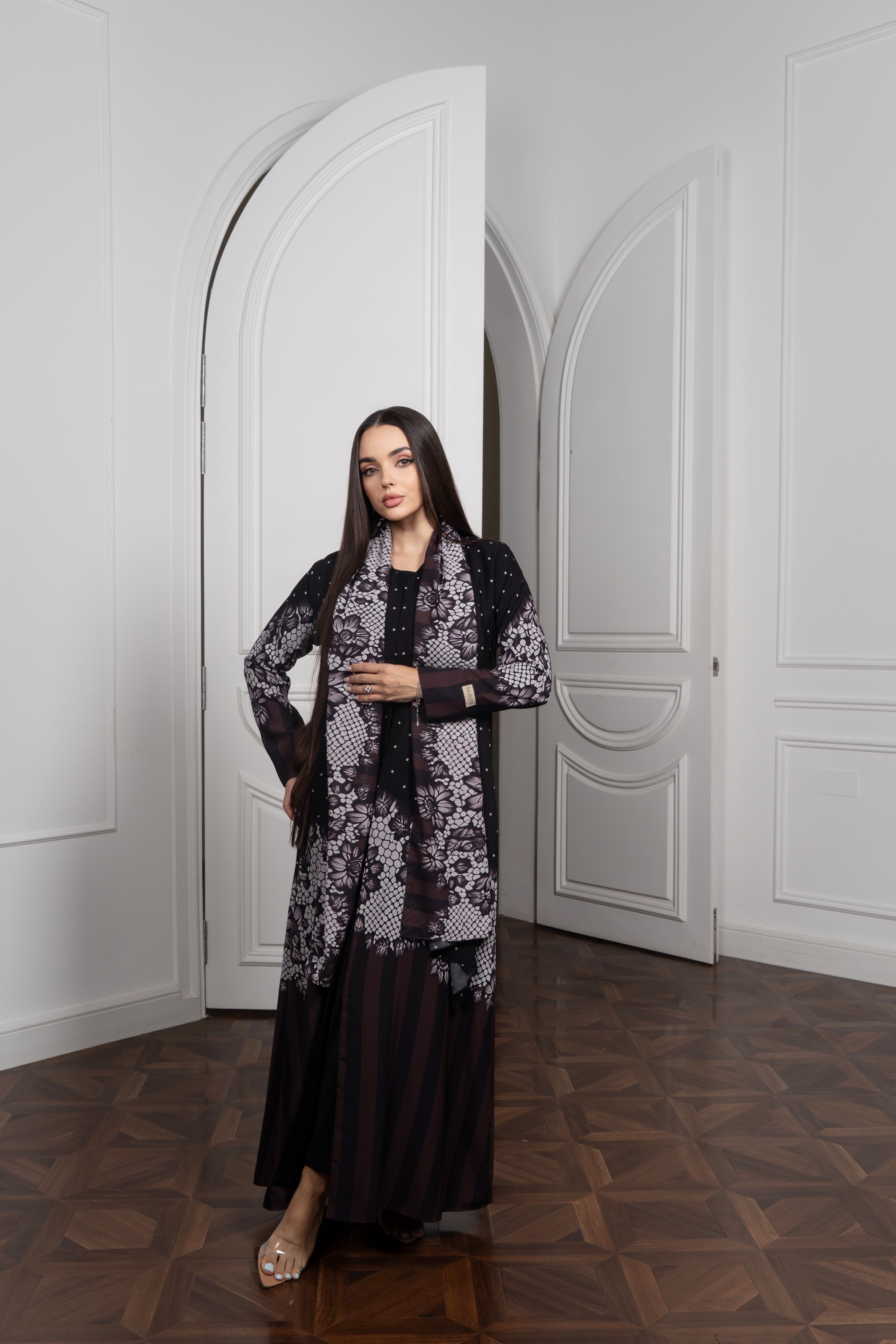 Lace Print Chiffon Abaya - Pearl Embellished Open Front