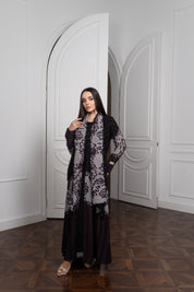 Lace Print Chiffon Abaya - Pearl Embellished Open Front
