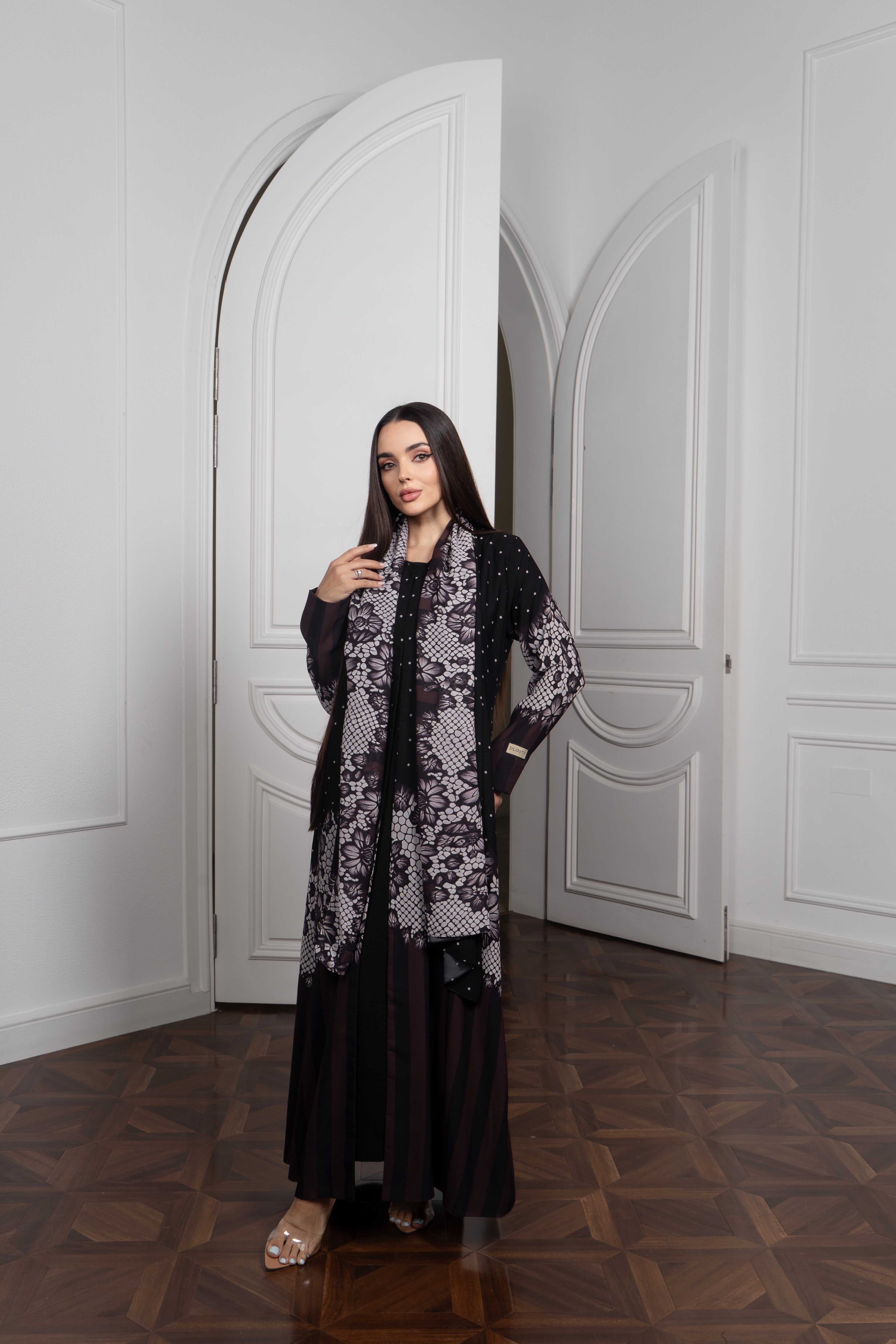 Lace Print Chiffon Abaya - Pearl Embellished Open Front
